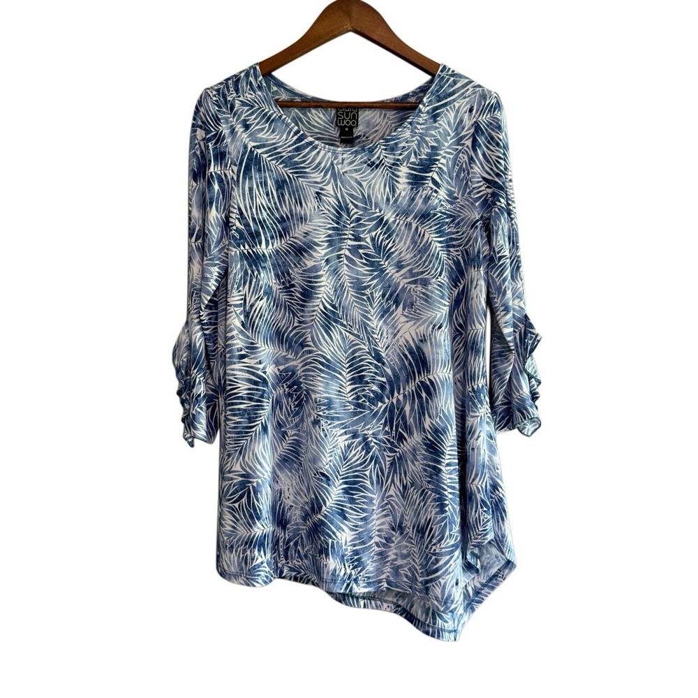 Clara Sunwoo Tunic Top Asymmetric Tropical Flowy Ruffle Flare Sleeve Blue Med